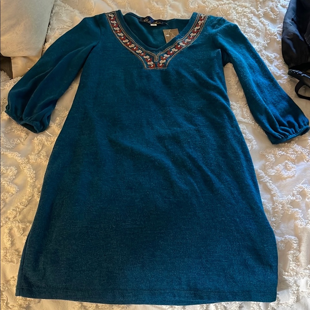 Teal Embroidered V-Neck sweater Dress new Nordstrom
